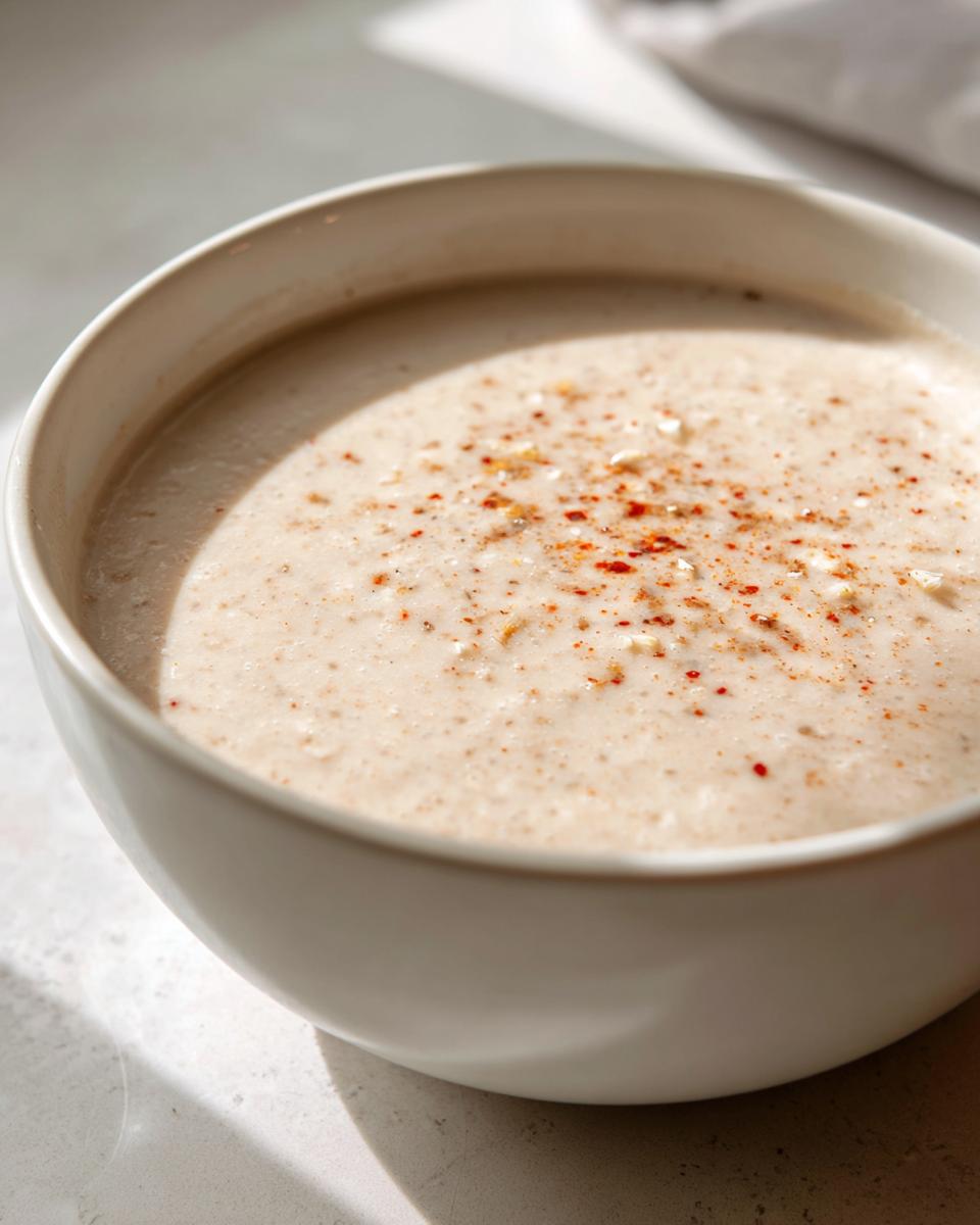 Close-up of a creamy, light beige roasted cauliflower soup garnished with red spice in a white bowl.