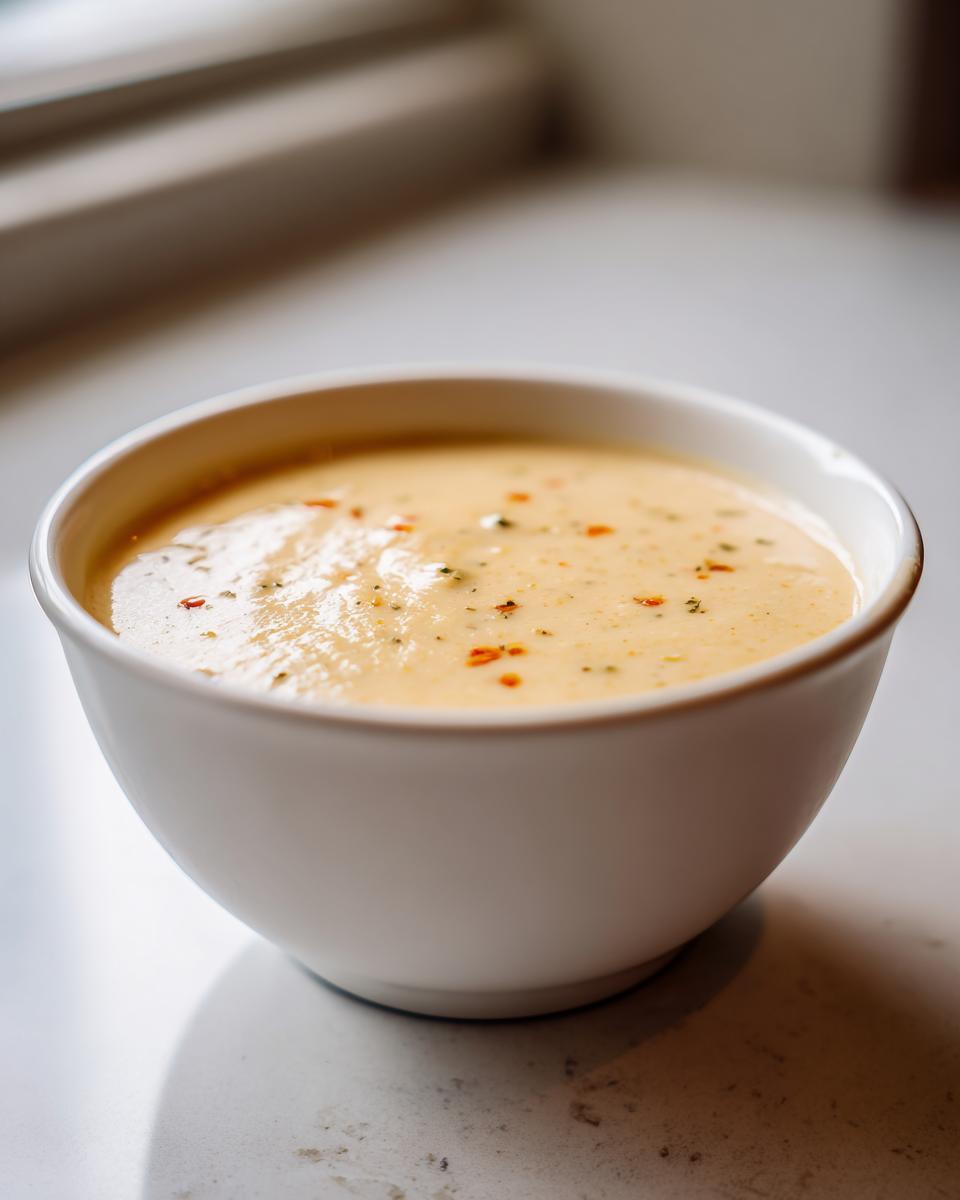 Close-up of a creamy bowl of roasted cauliflower soup, garnished with herbs and red pepper flakes.