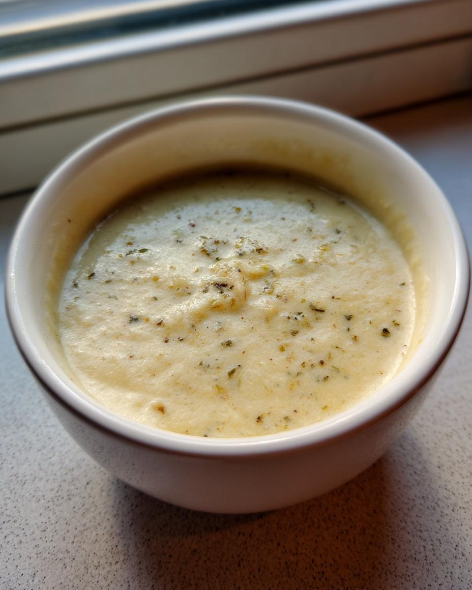 A close-up of a creamy, light yellow roasted cauliflower soup garnished with dried herbs in a white bowl.