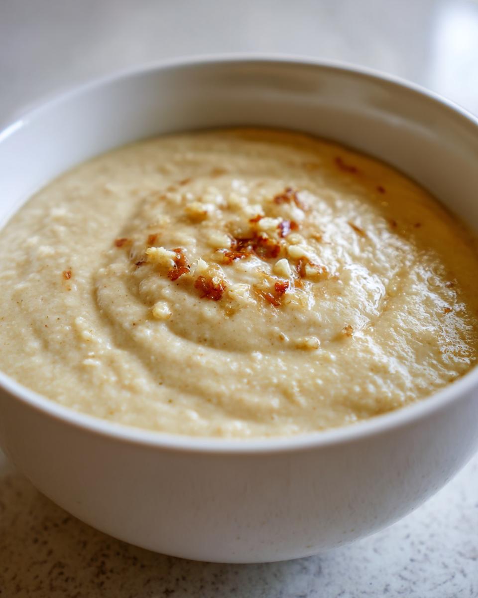 Close-up of creamy roasted cauliflower soup garnished with crispy bits in a white bowl.