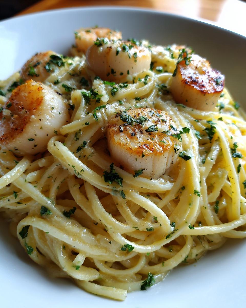 Close-up of creamy seafood pasta topped with perfectly seared scallops and fresh parsley.