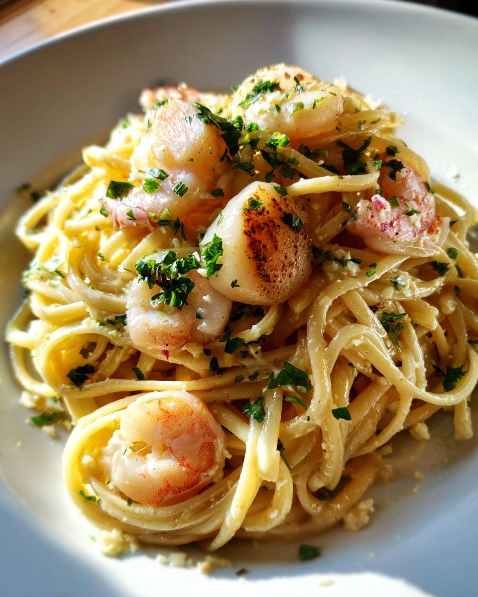A close-up, brightly lit plate of creamy seafood pasta featuring linguine, seared scallops, and pink shrimp, garnished with parsley.