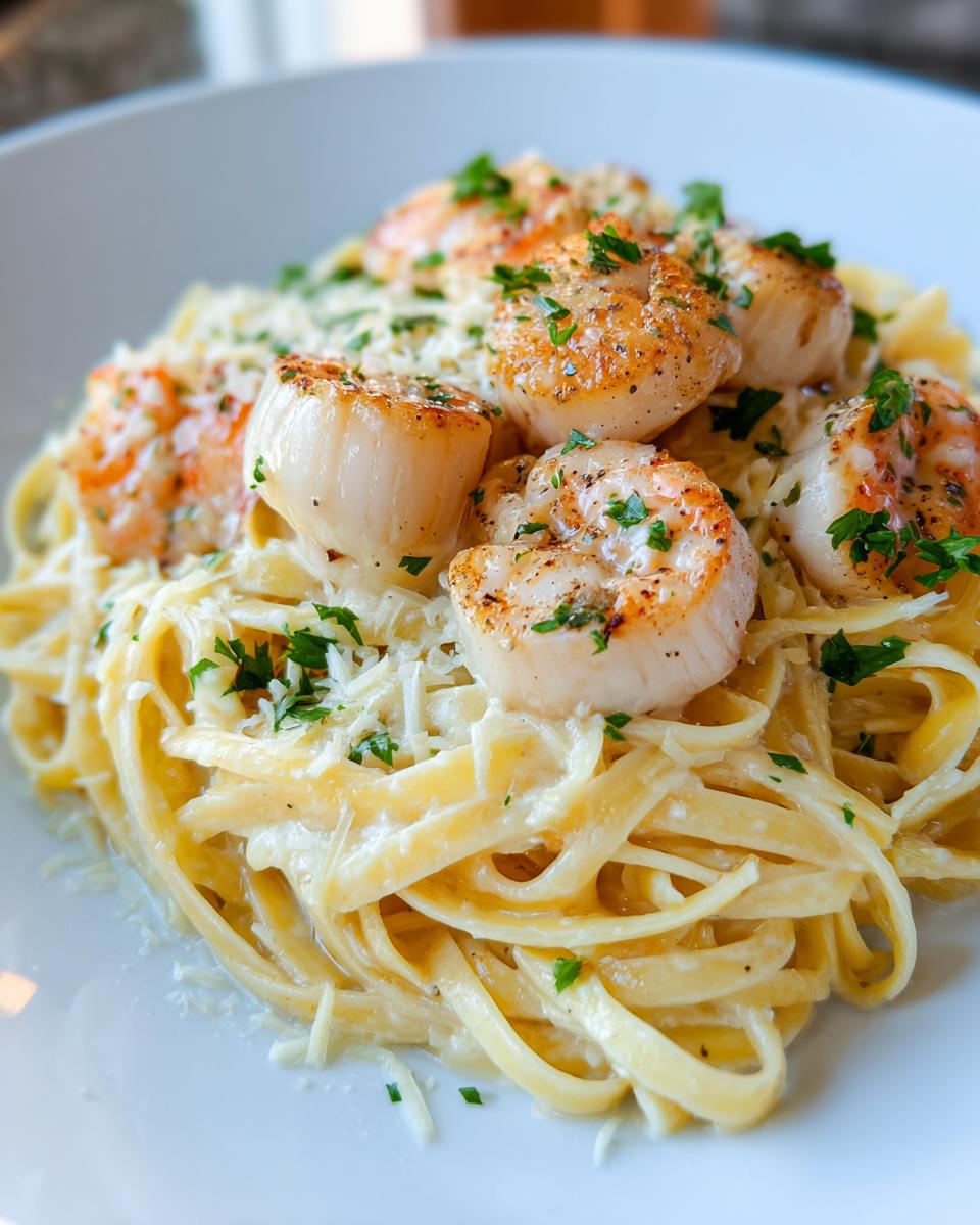 Close-up of creamy seafood pasta topped with perfectly seared scallops and grated Parmesan cheese.