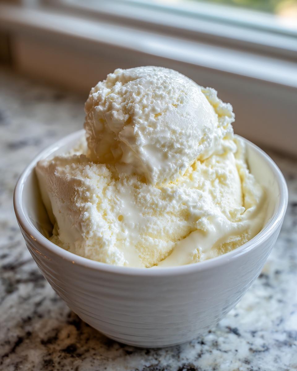 Two scoops of creamy white snow ice cream served in a textured white bowl on a granite countertop.
