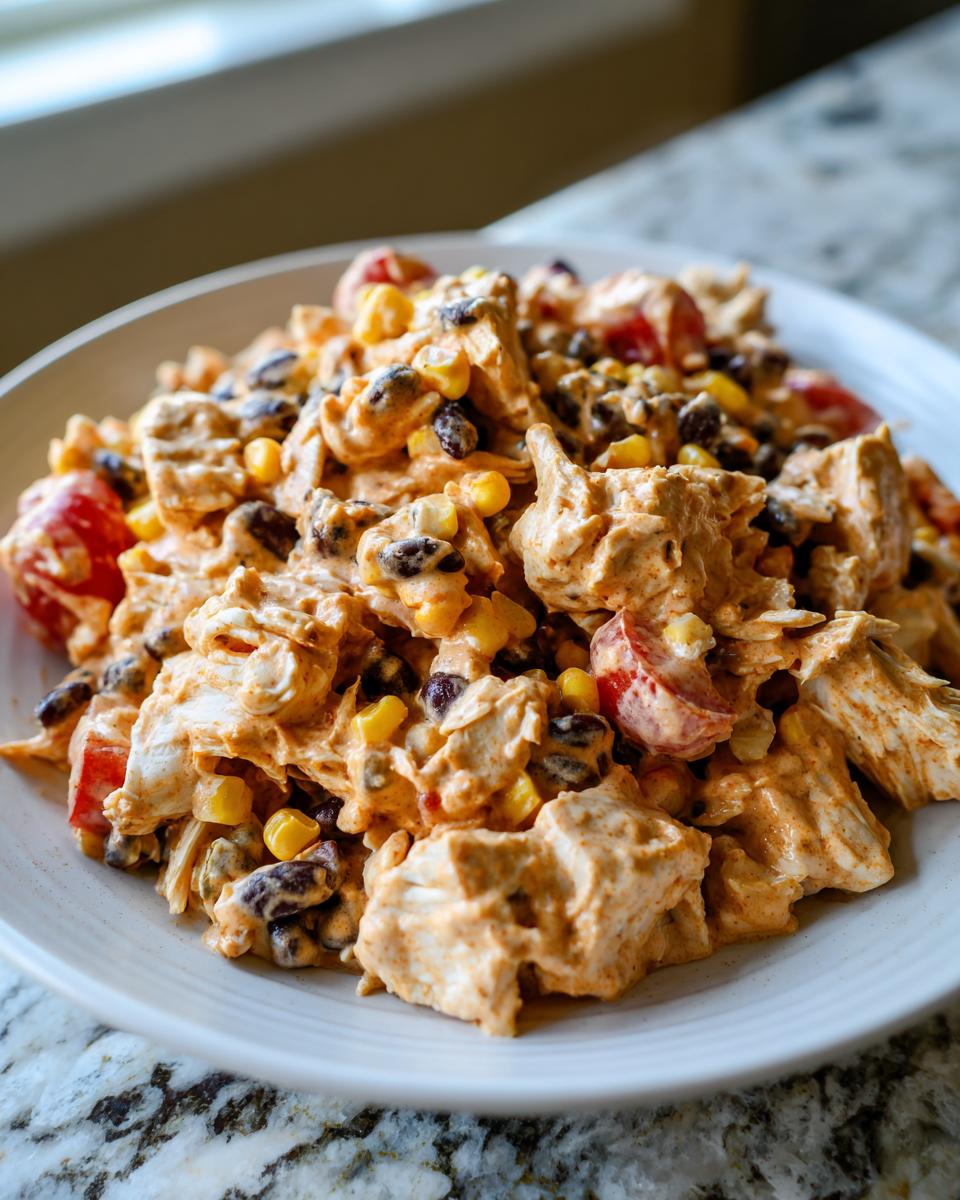 Close-up of creamy southwest chicken salad mixed with black beans, corn, and tomatoes in a white bowl.