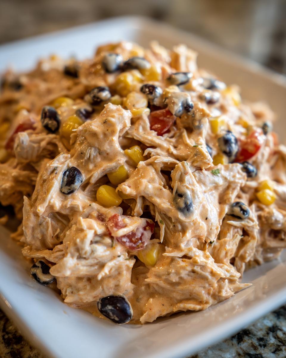 Close-up of creamy southwest chicken salad mixed with black beans, corn, and diced tomatoes on a white platter.