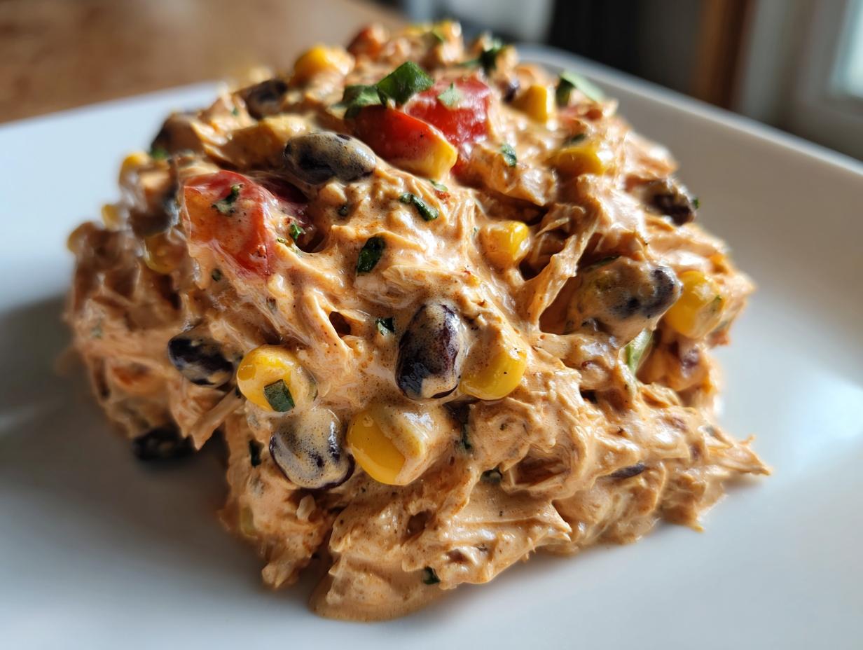 A close-up of creamy, shredded southwest chicken salad mixed with black beans, corn, and tomatoes, served on a white plate.