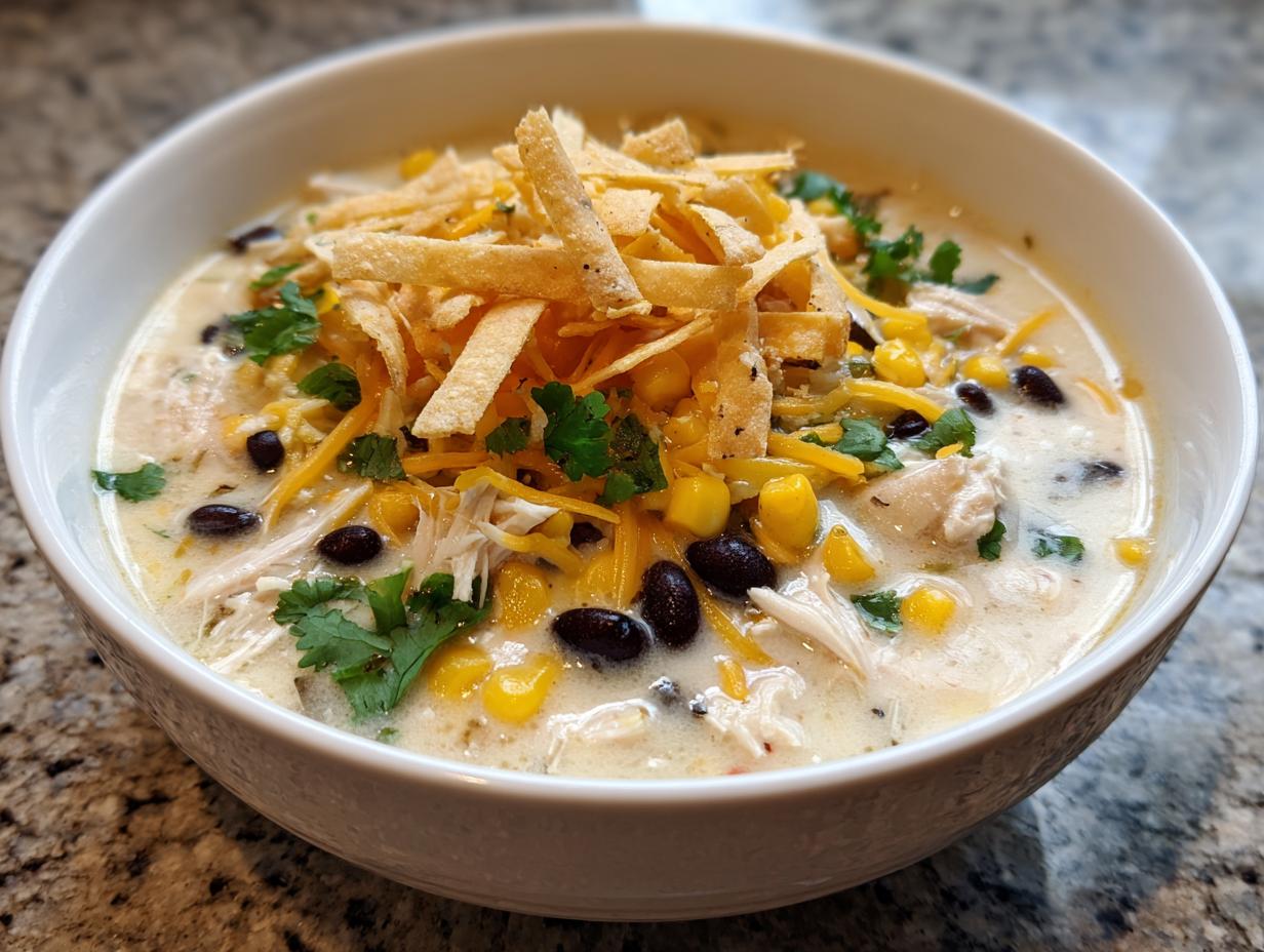Close-up of a bowl of creamy white tortilla soup topped with shredded chicken, black beans, corn, cheese, and crispy tortilla strips.