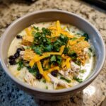 A bowl of creamy tortilla soup topped with shredded chicken, black beans, cheese, tortilla strips, and fresh cilantro.