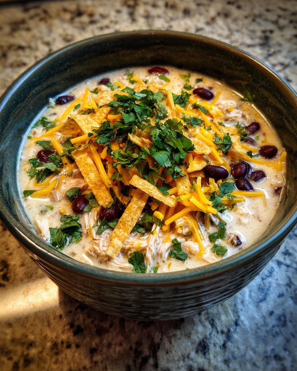 A close-up of a bowl of creamy tortilla soup topped with shredded cheese, black beans, tortilla strips, and fresh cilantro.