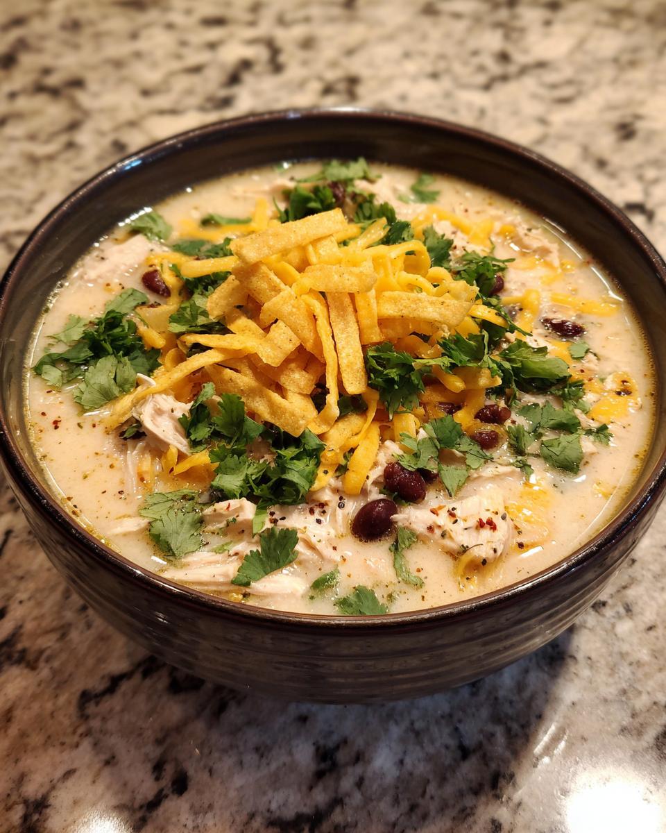 A close-up of a bowl of creamy tortilla soup topped generously with shredded cheese, crispy tortilla strips, black beans, and fresh cilantro.