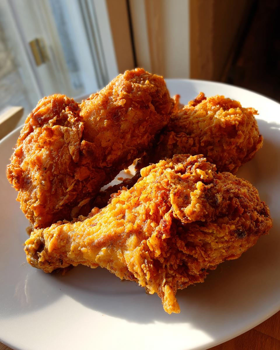 Three pieces of golden brown, crispy air fryer fried chicken resting on a white plate.
