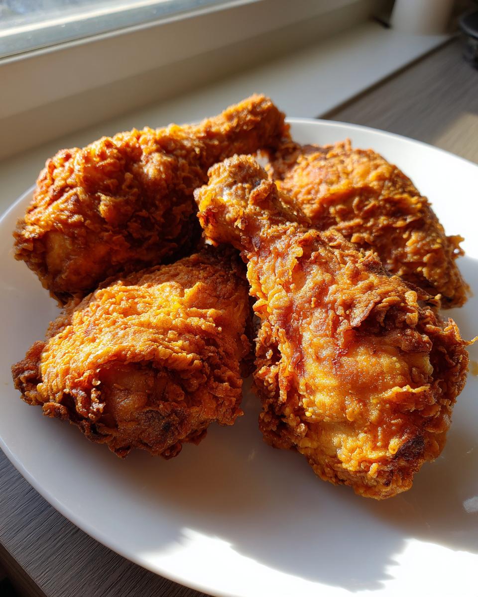 Four pieces of golden brown, crispy air fryer fried chicken resting on a white plate near a window.