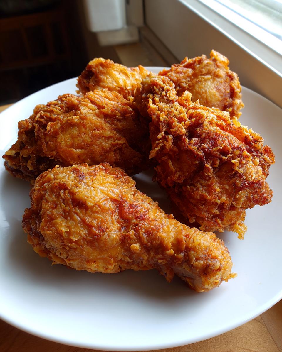 Four pieces of golden brown, crispy air fryer fried chicken resting on a white plate near a window.