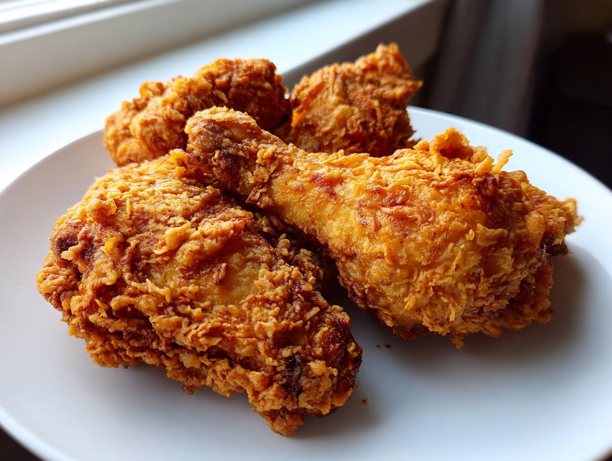 Close-up of four pieces of golden brown, crispy air fryer fried chicken served on a white plate.