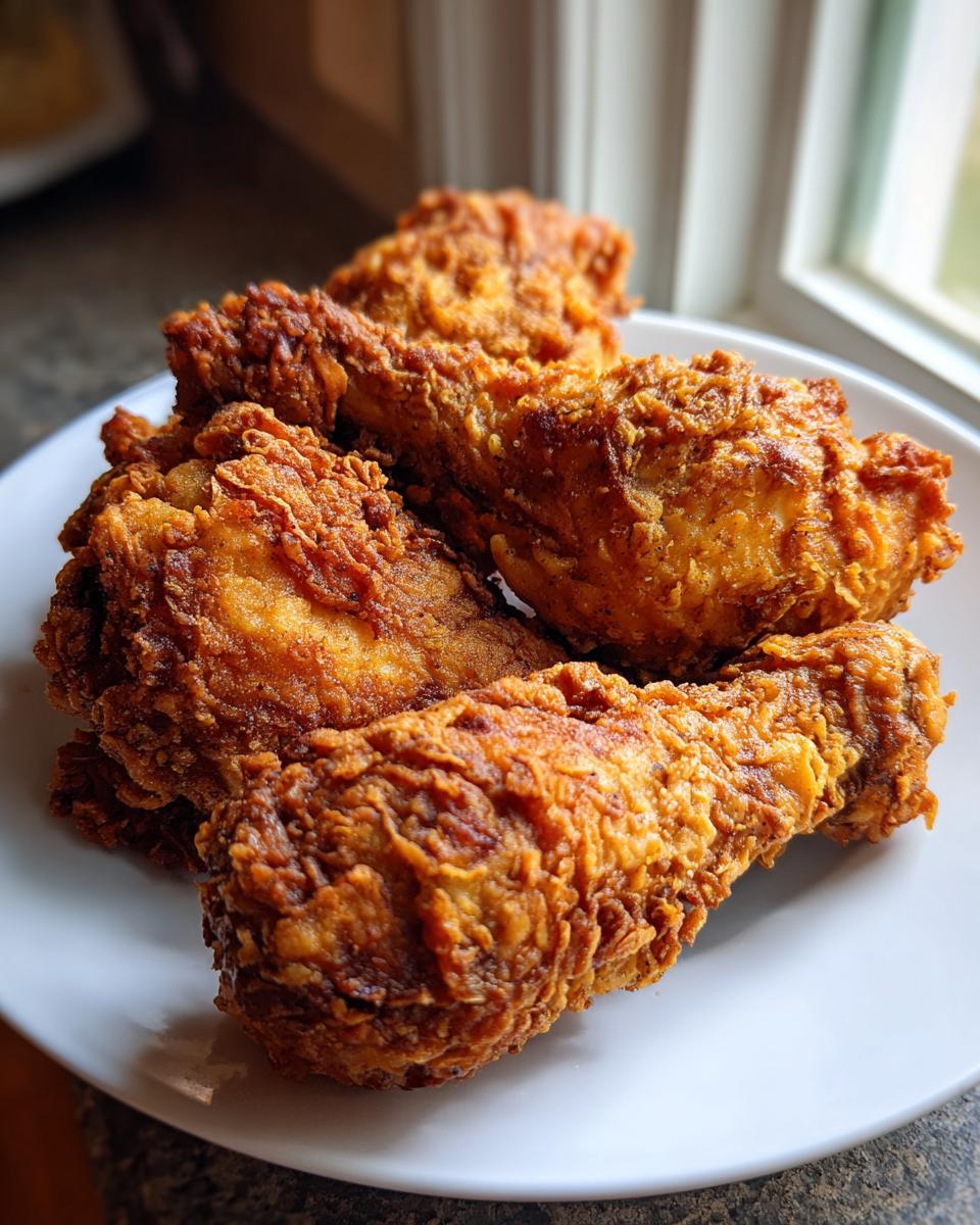 Close-up of several golden brown, crispy pieces of air fryer fried chicken piled on a white plate.