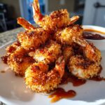 A pile of golden brown, crispy coconut shrimp served on a white plate with sweet chili dipping sauce.
