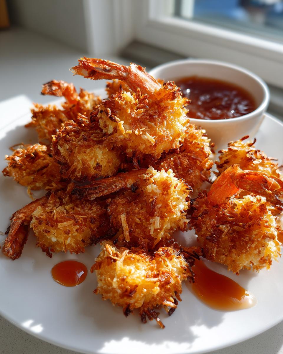 A plate piled high with golden brown, crispy coconut shrimp served with a side of sweet chili dipping sauce.