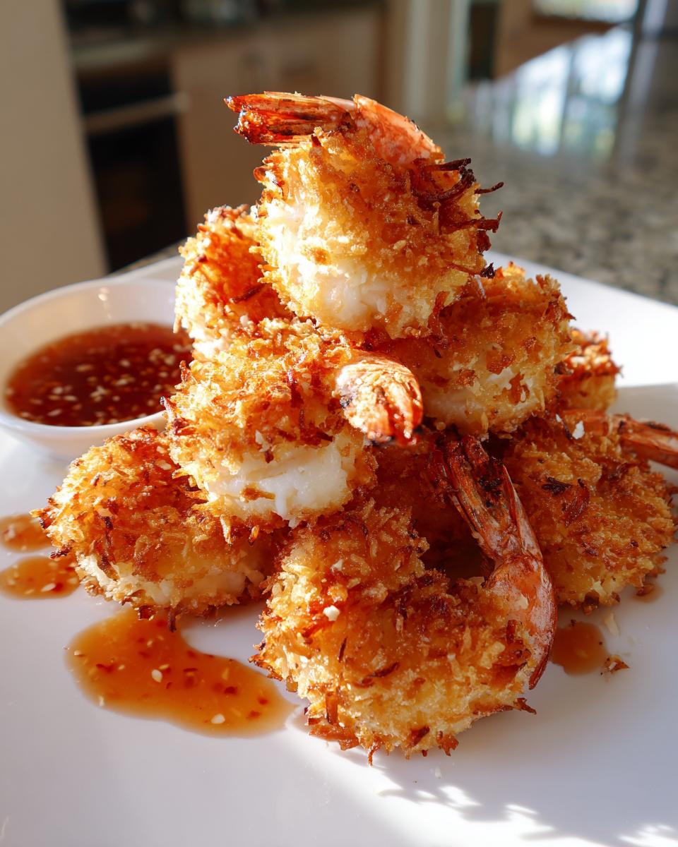 A stack of perfectly golden brown, crispy coconut shrimp served with a side of sweet chili dipping sauce.
