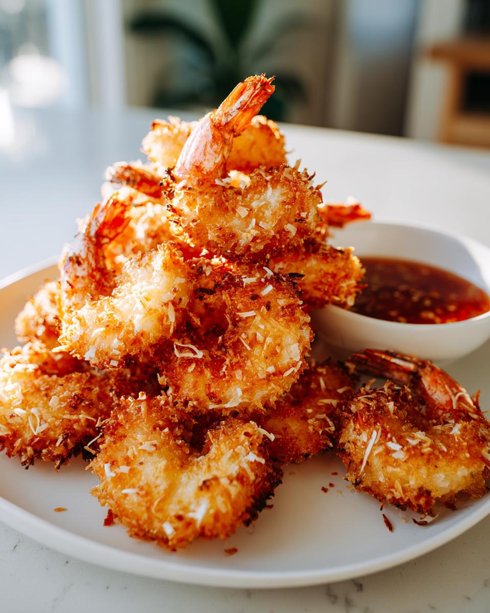 A tall stack of golden brown, crispy coconut shrimp served on a white plate next to a small bowl of sweet chili dipping sauce.