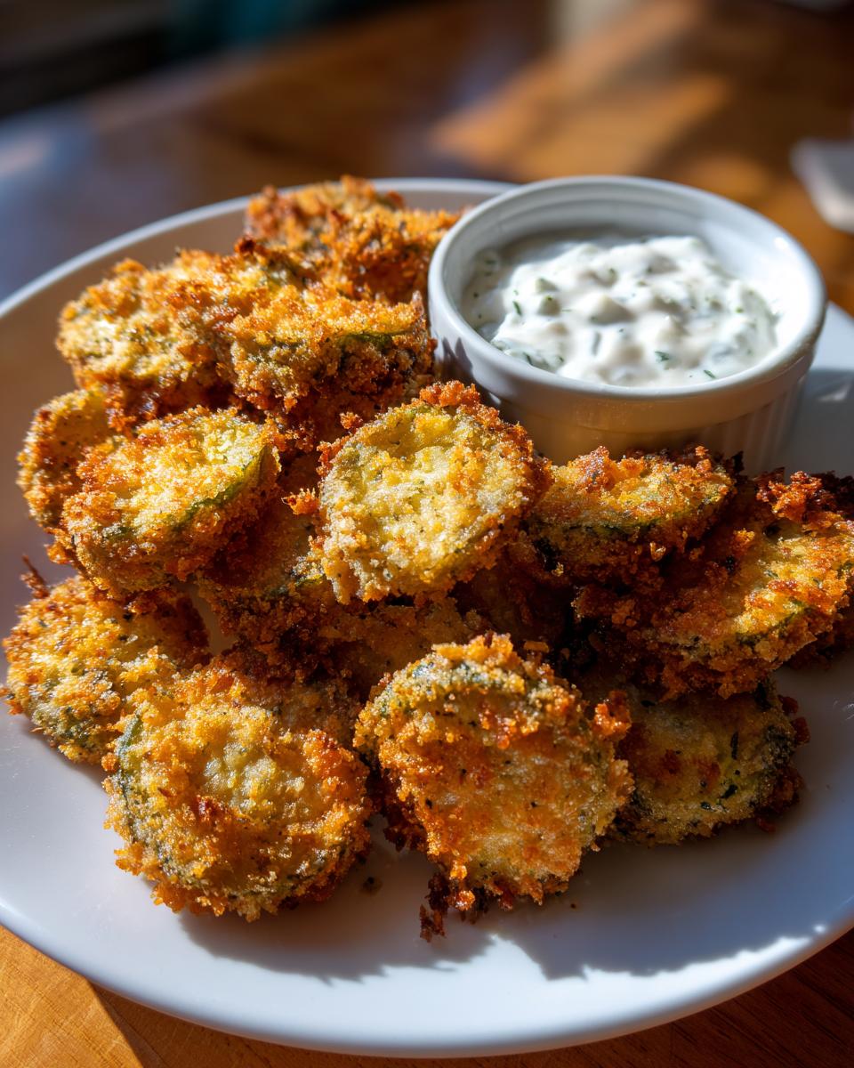 A plate piled high with golden brown, crispy Fried Pickles served alongside a small white ramekin of creamy dipping sauce.