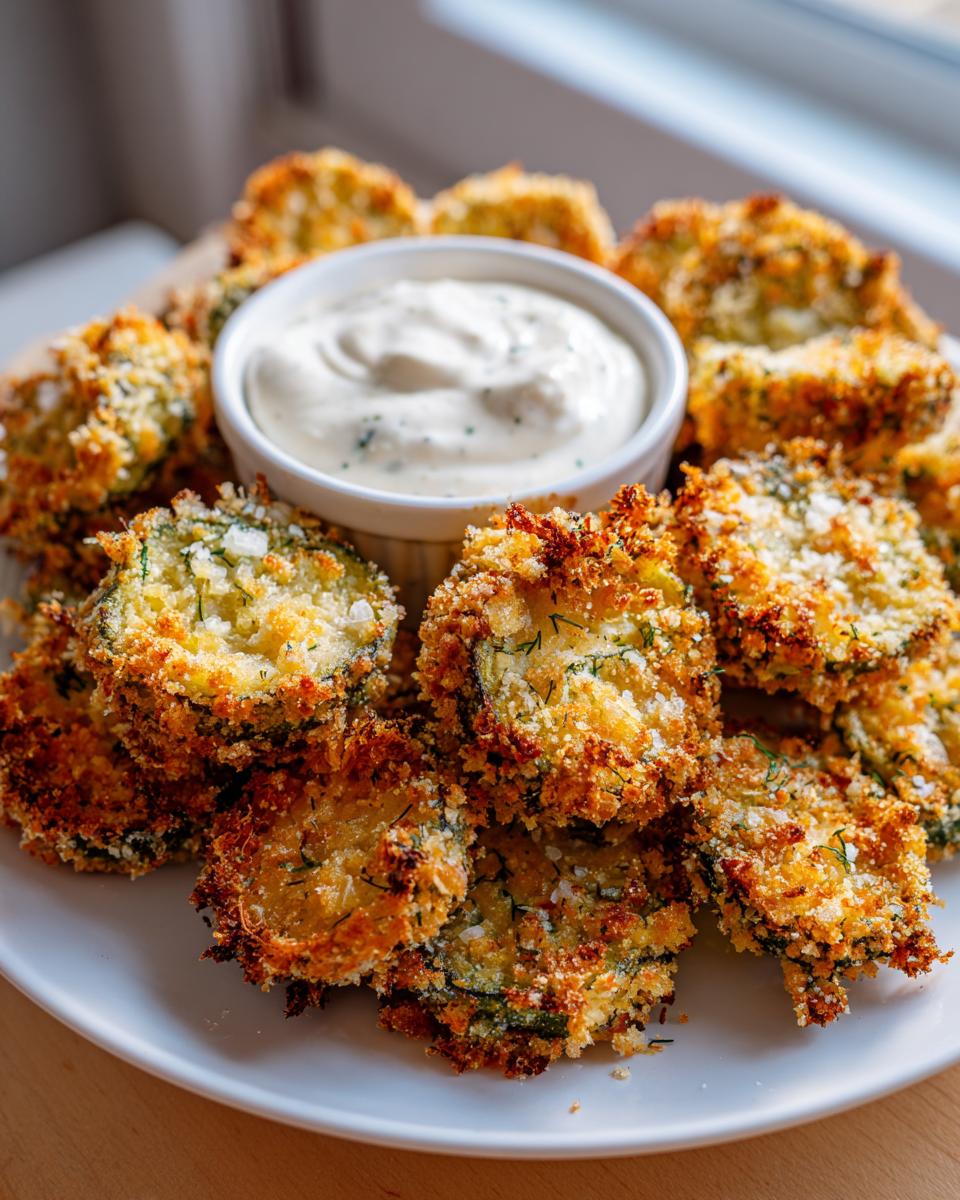 A plate piled high with golden brown, crispy Fried Pickles served with a small bowl of white dipping sauce.