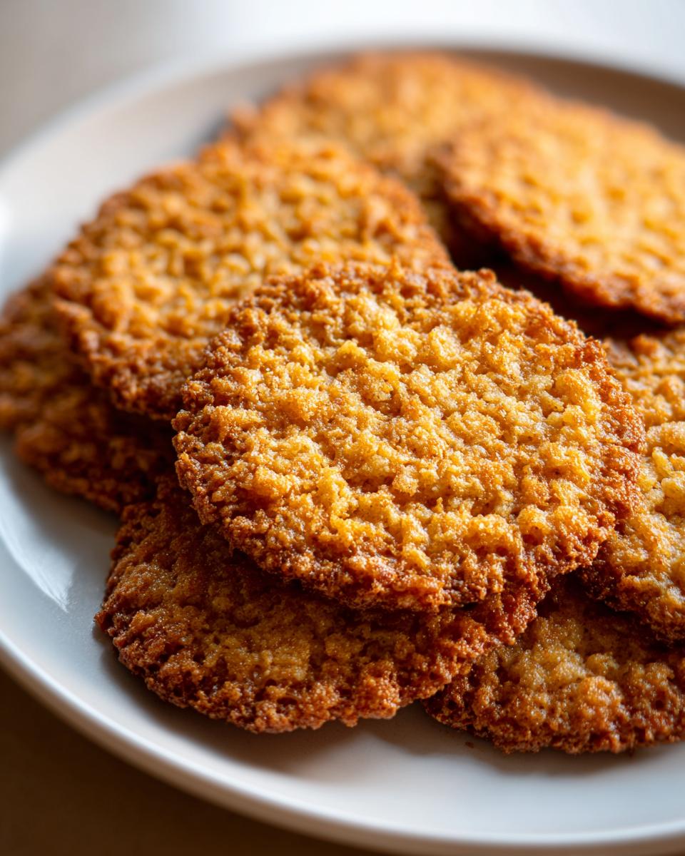 Close-up of several golden brown, crispy oatmeal lace cookies stacked on a white plate.