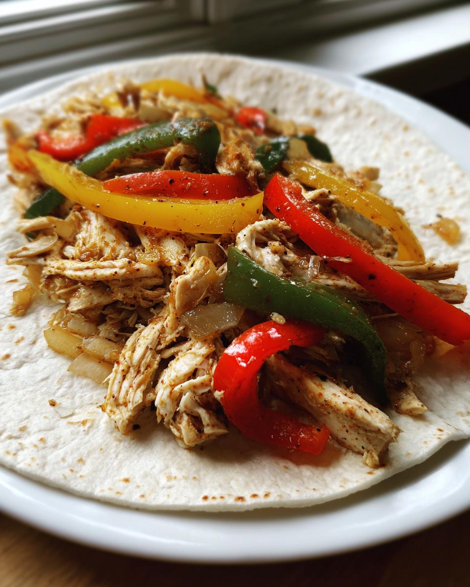Shredded chicken, onions, and colorful bell peppers (red, yellow, green) served on a soft flour tortilla for crockpot chicken fajitas.