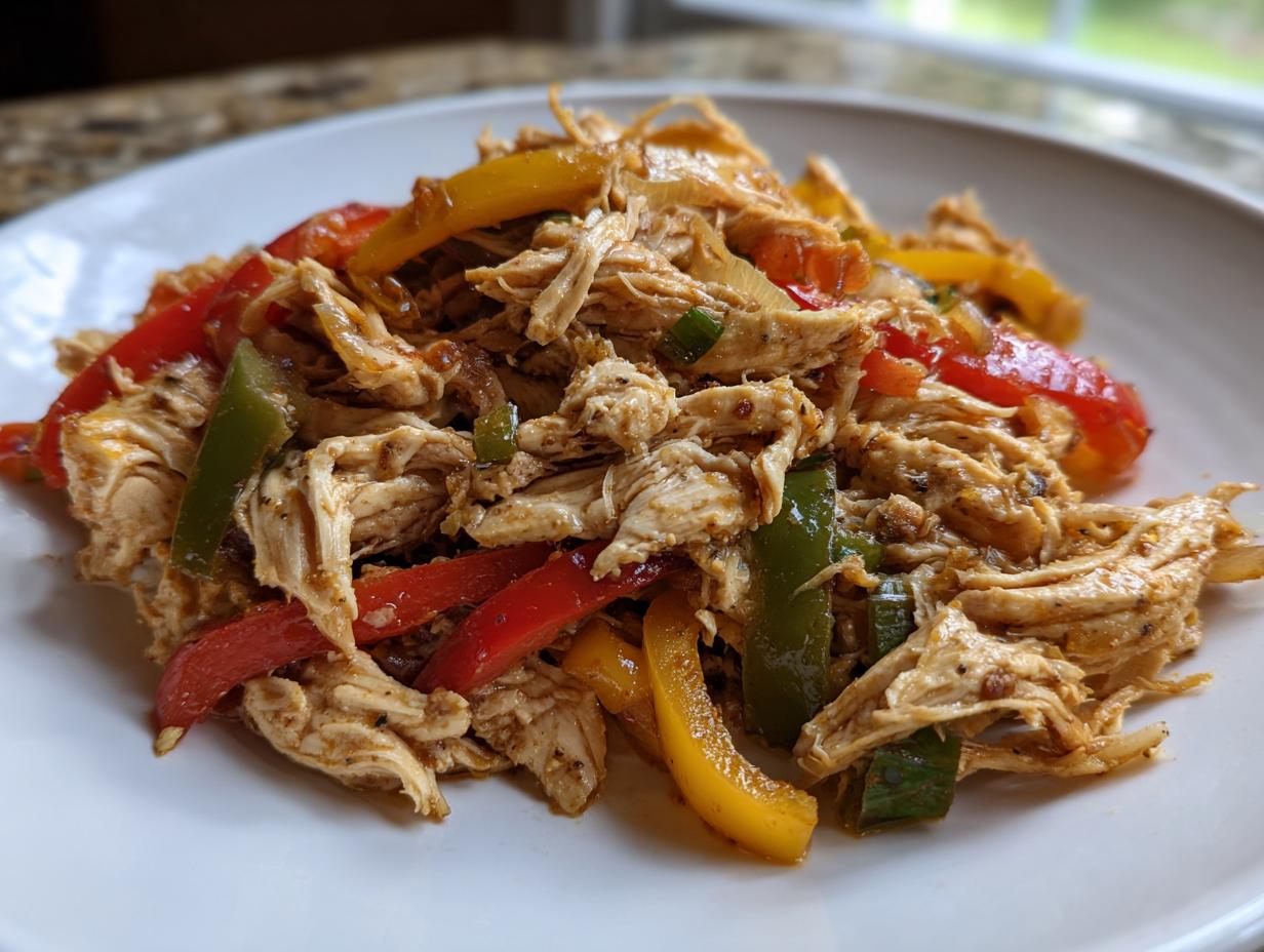 A close-up of shredded chicken mixed with colorful bell pepper strips for crockpot chicken fajitas served on a white plate.