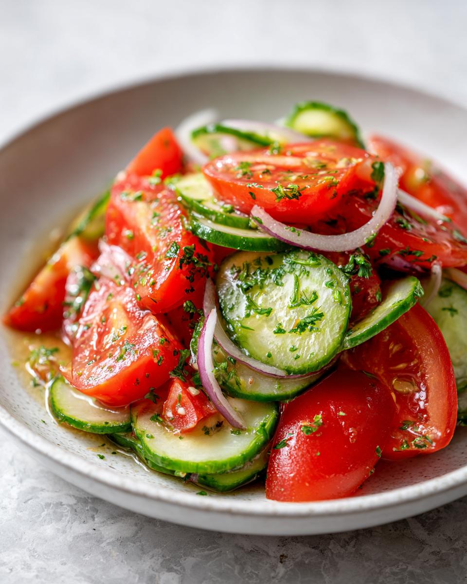 A close-up shot of a vibrant cucumber tomato salad tossed in dressing and sprinkled with fresh herbs.
