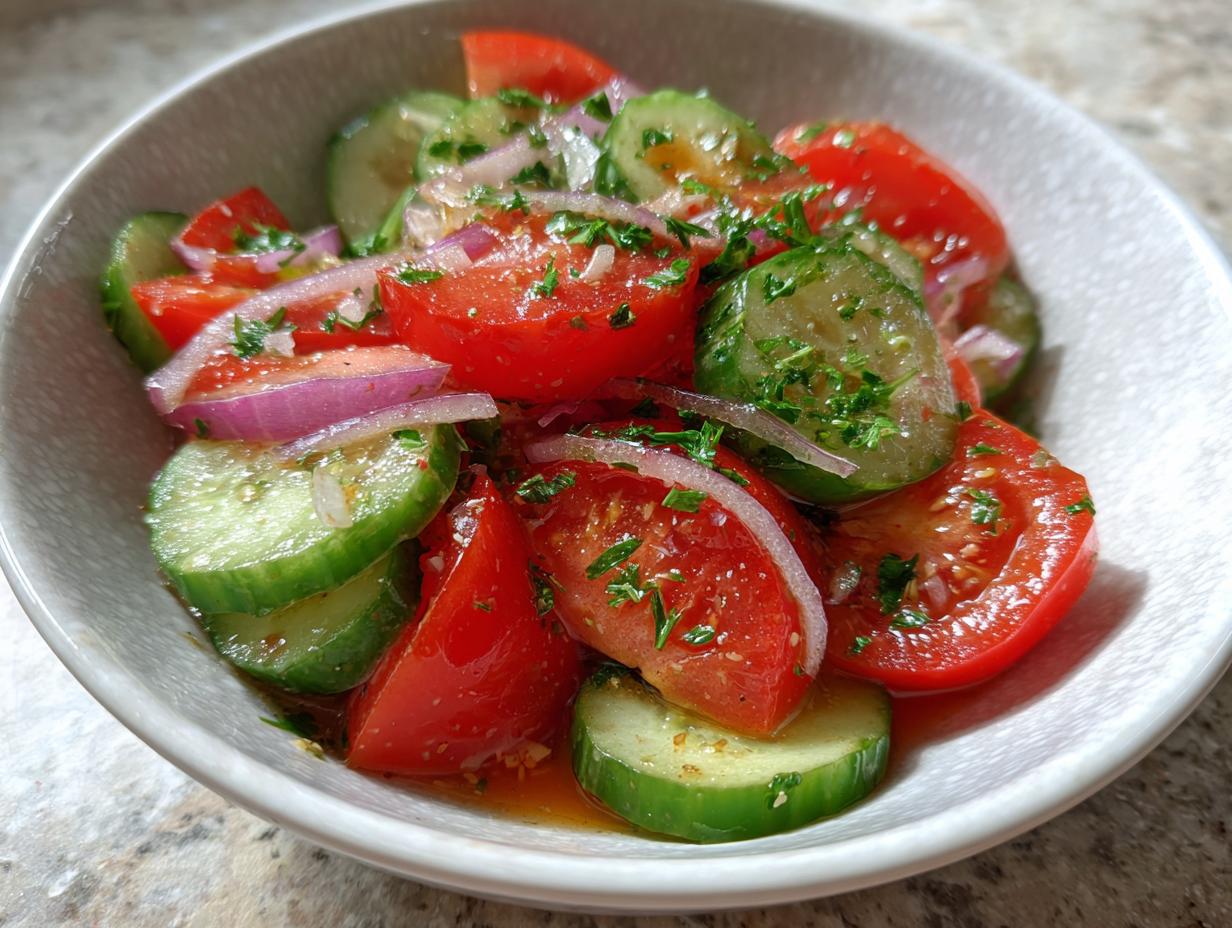 Close-up of a vibrant cucumber tomato salad featuring sliced cucumbers, wedges of red tomato, and slivers of red onion, topped with herbs.