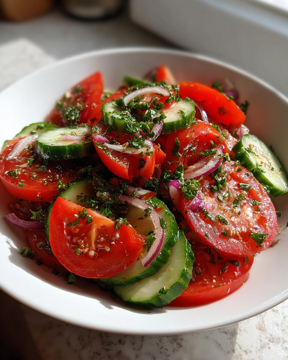Close-up of a fresh cucumber tomato salad with red onion slices and fresh herbs, ready to eat.