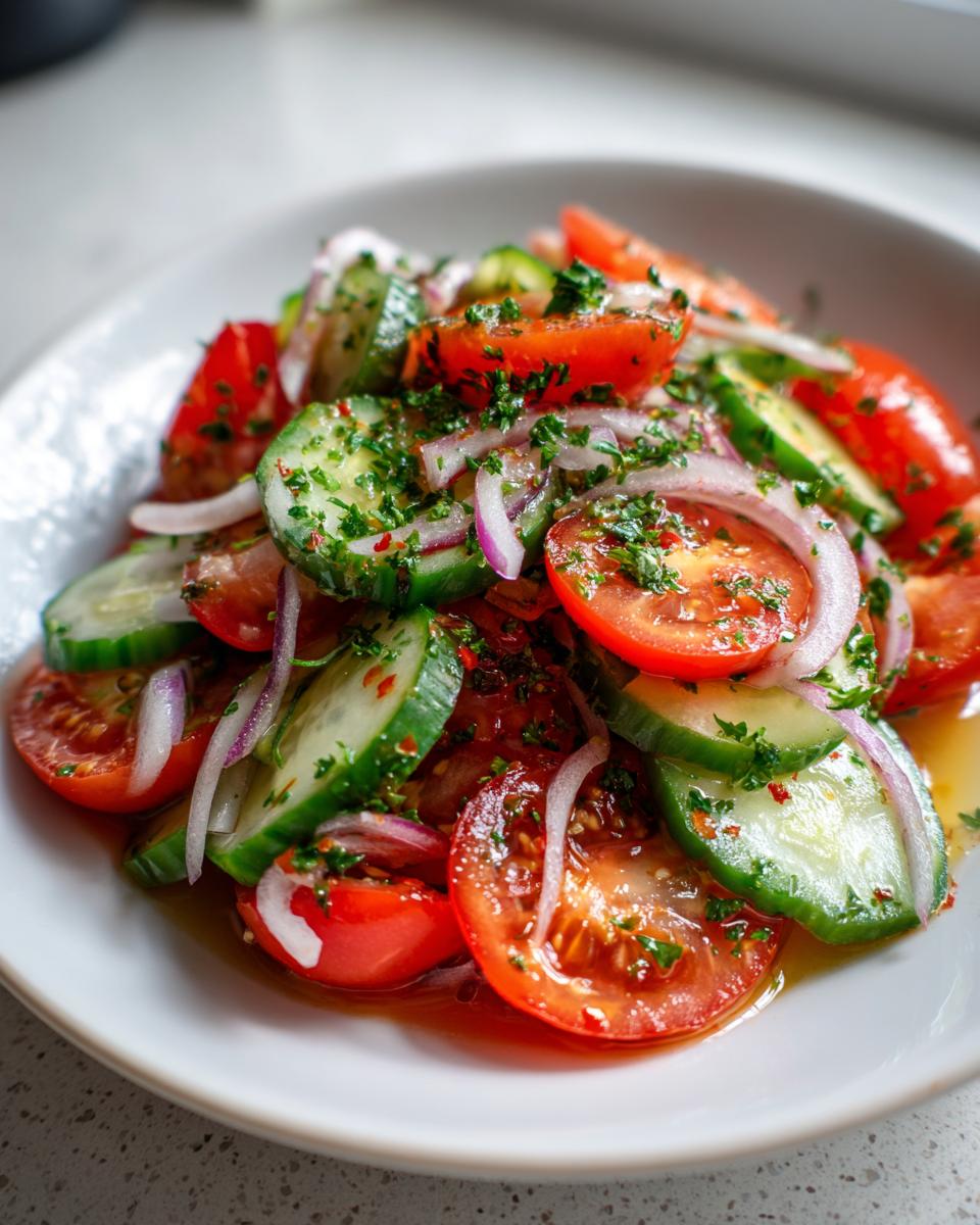 Close-up of a fresh cucumber tomato salad mixed with thinly sliced red onion and topped with chopped parsley.