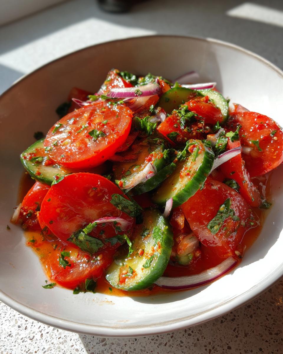 Close-up of a vibrant cucumber tomato salad with red onion slices, dressed in a bright red vinaigrette and topped with fresh herbs.