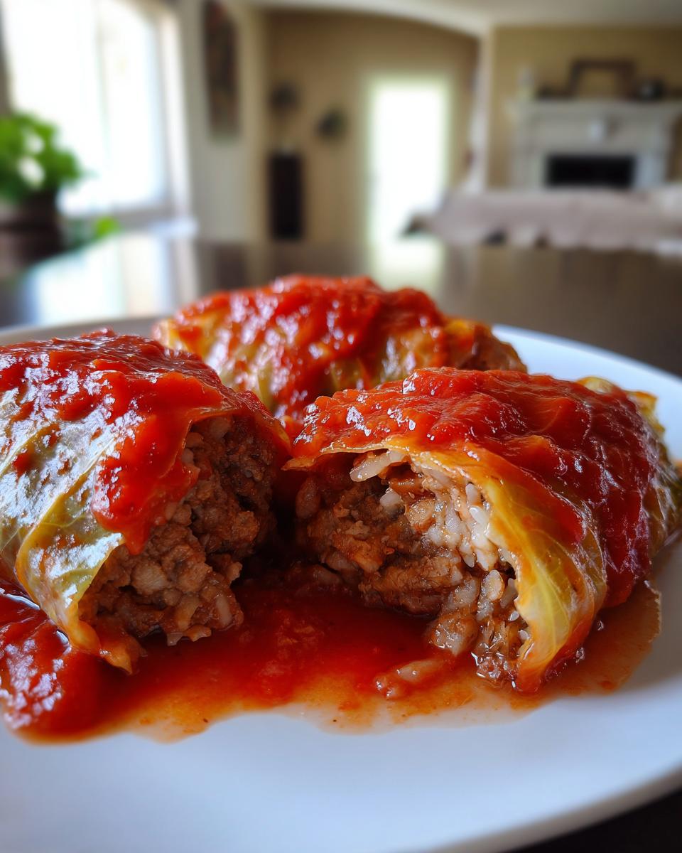 Close-up of three stuffed cabbage rolls covered in rich tomato sauce, one cut open showing the meat and rice filling of the cabbage rolls.
