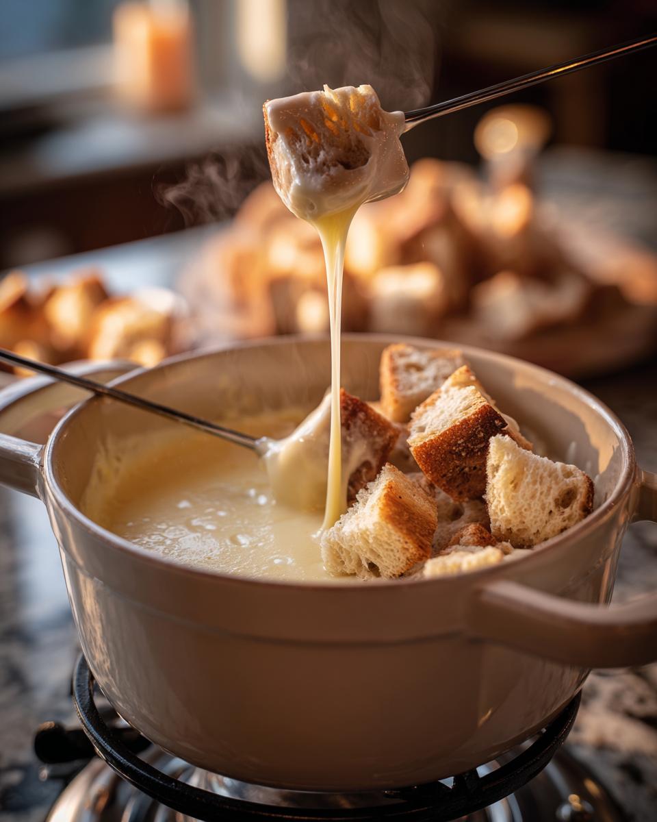 A piece of bread dripping melted cheese is lifted from a pot of hot cheese fondue recipe.
