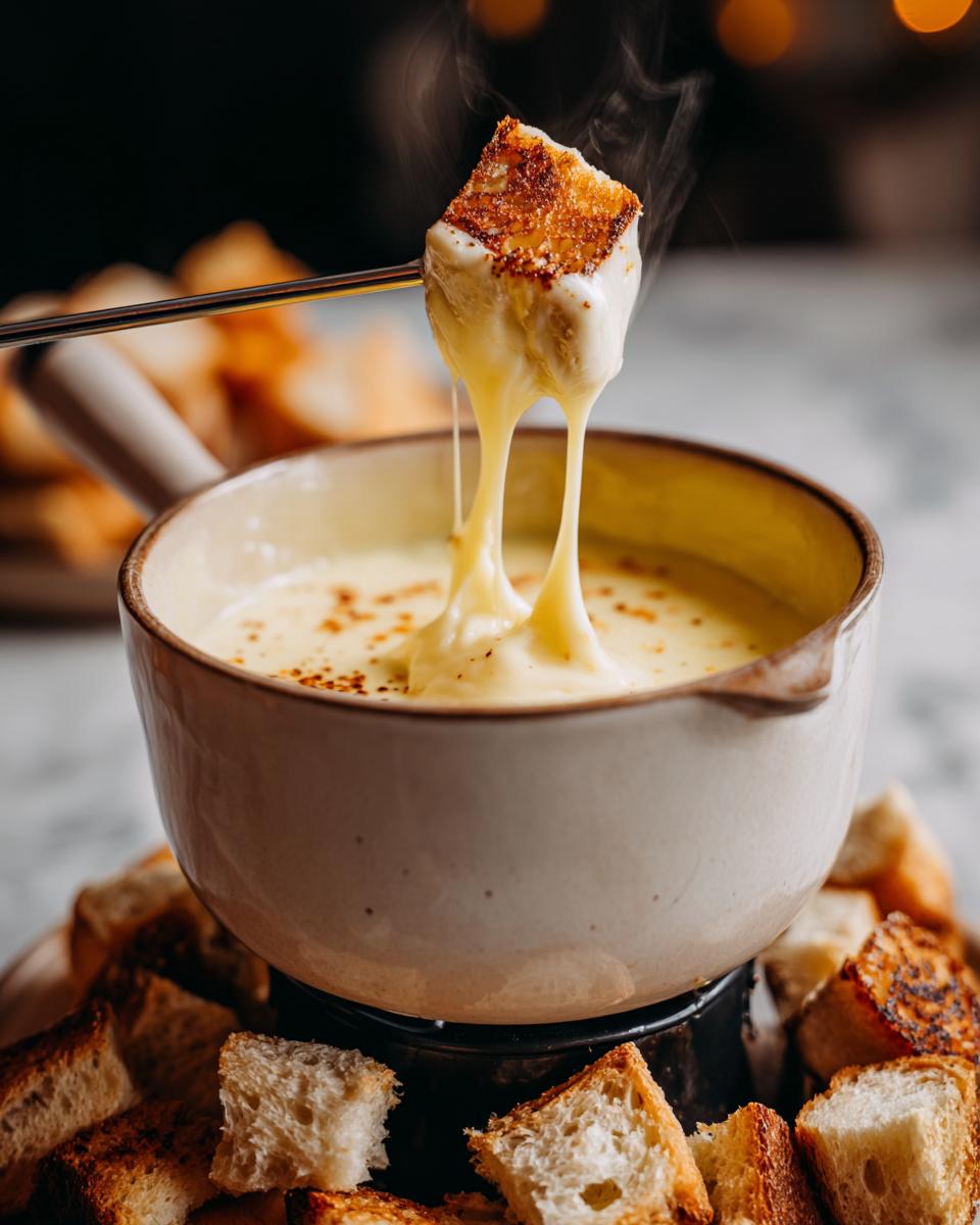 A piece of toasted bread, held by a fondue fork, dripping with melted cheese from a pot in this cheese fondue recipe.