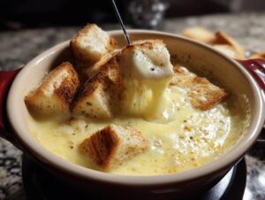Close-up of toasted bread cubes being dipped into a pot of melted, gooey cheese fondue recipe.