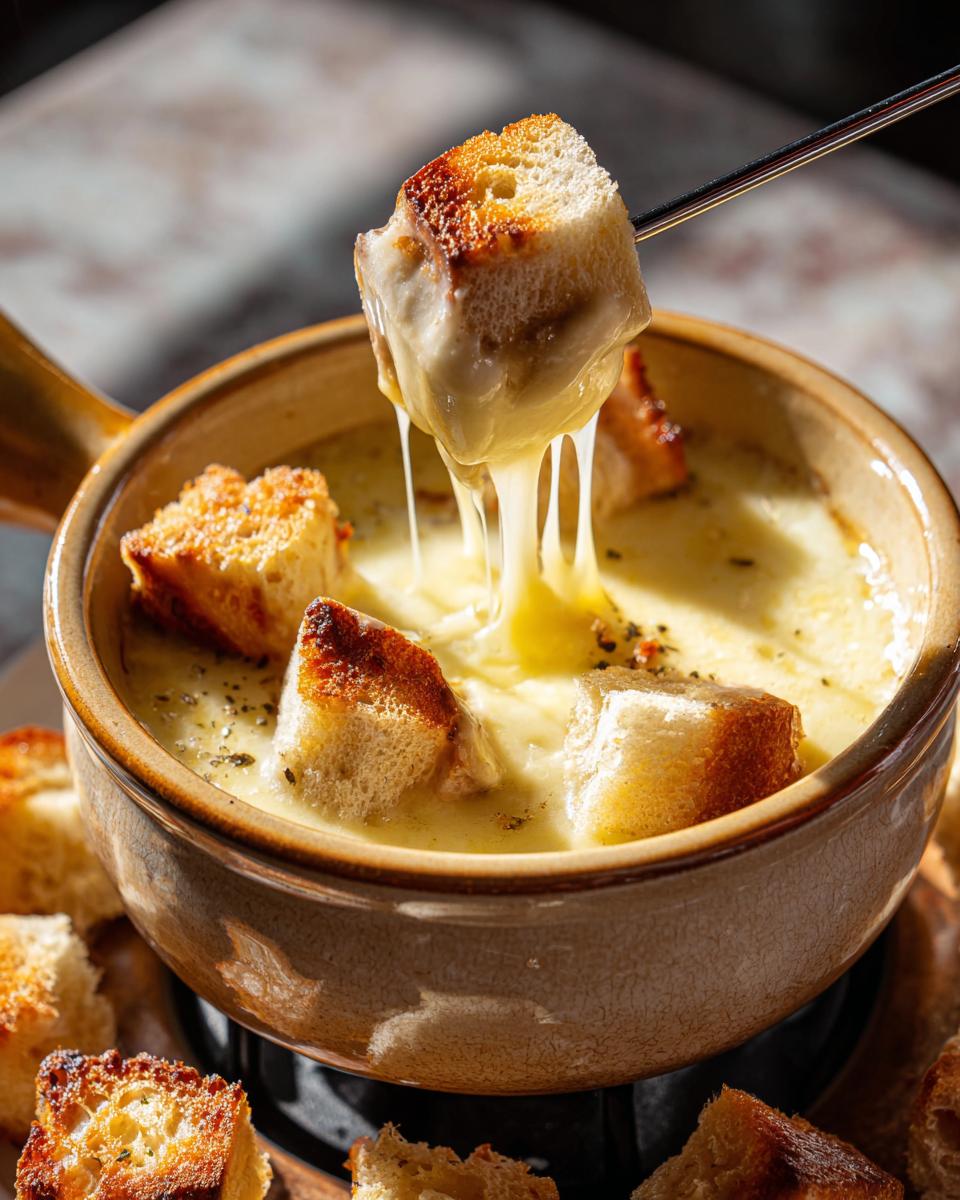 A piece of toasted bread is dipped into a pot of melted cheese fondue recipe, showing long cheese pulls.