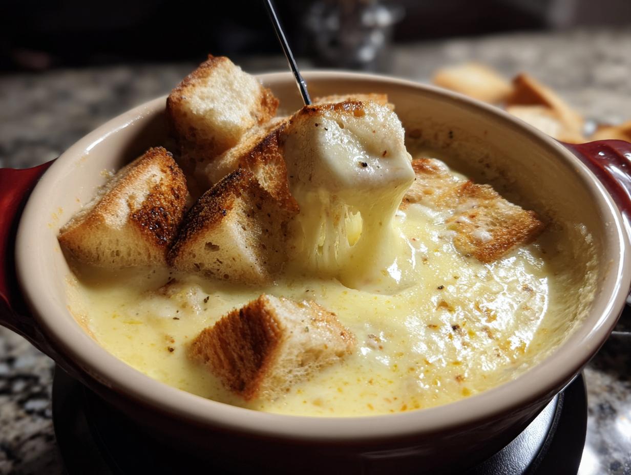 Close-up of toasted bread cubes being dipped into a pot of melted, gooey cheese fondue recipe.
