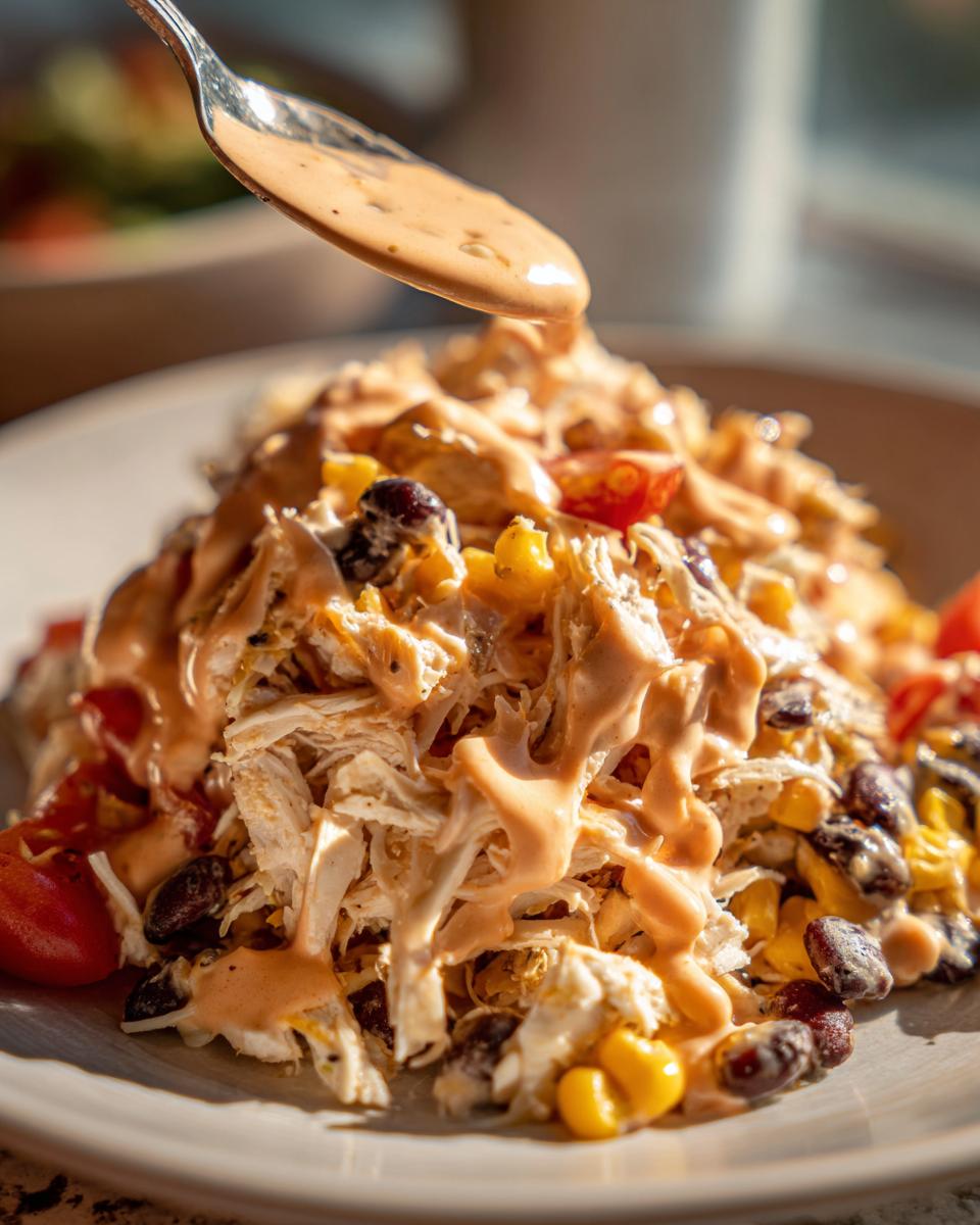 A spoonful of creamy dressing is drizzled over a mound of shredded chicken, black beans, corn, and tomatoes in a southwest chicken salad.