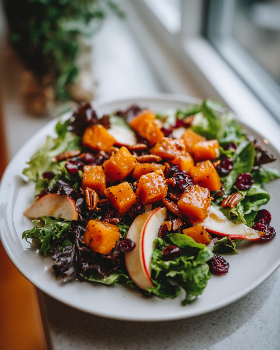 Close-up of a vibrant fall harvest salad featuring roasted butternut squash cubes, apple slices, pecans, and dried cranberries over mixed greens.