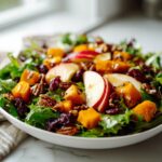 Close-up of a vibrant fall harvest salad featuring greens, roasted squash cubes, apple slices, pecans, and dried cranberries.