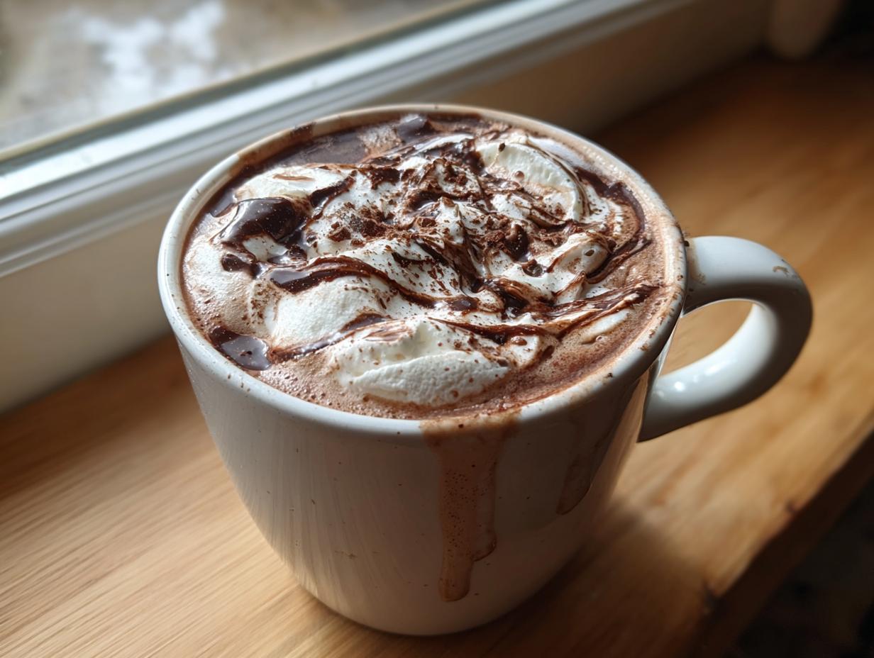 A close-up of a mug filled with rich homemade hot cocoa, topped generously with whipped cream and chocolate drizzle.