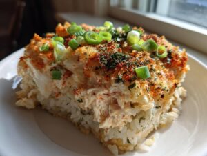 A close-up serving of baked rice and crab mixture, known as sushi bake, topped with green onions and seasoning.