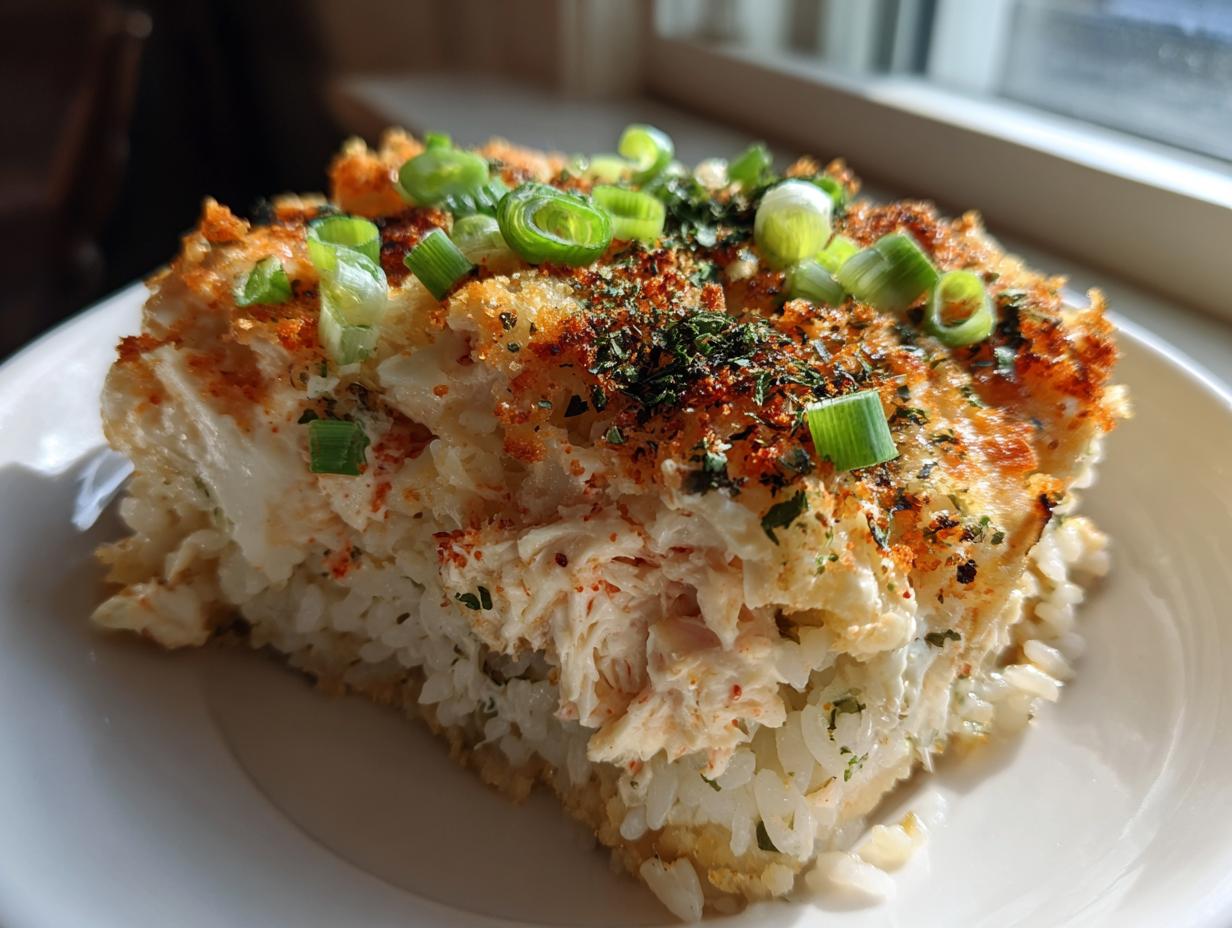 A close-up serving of baked rice and crab mixture, known as sushi bake, topped with green onions and seasoning.