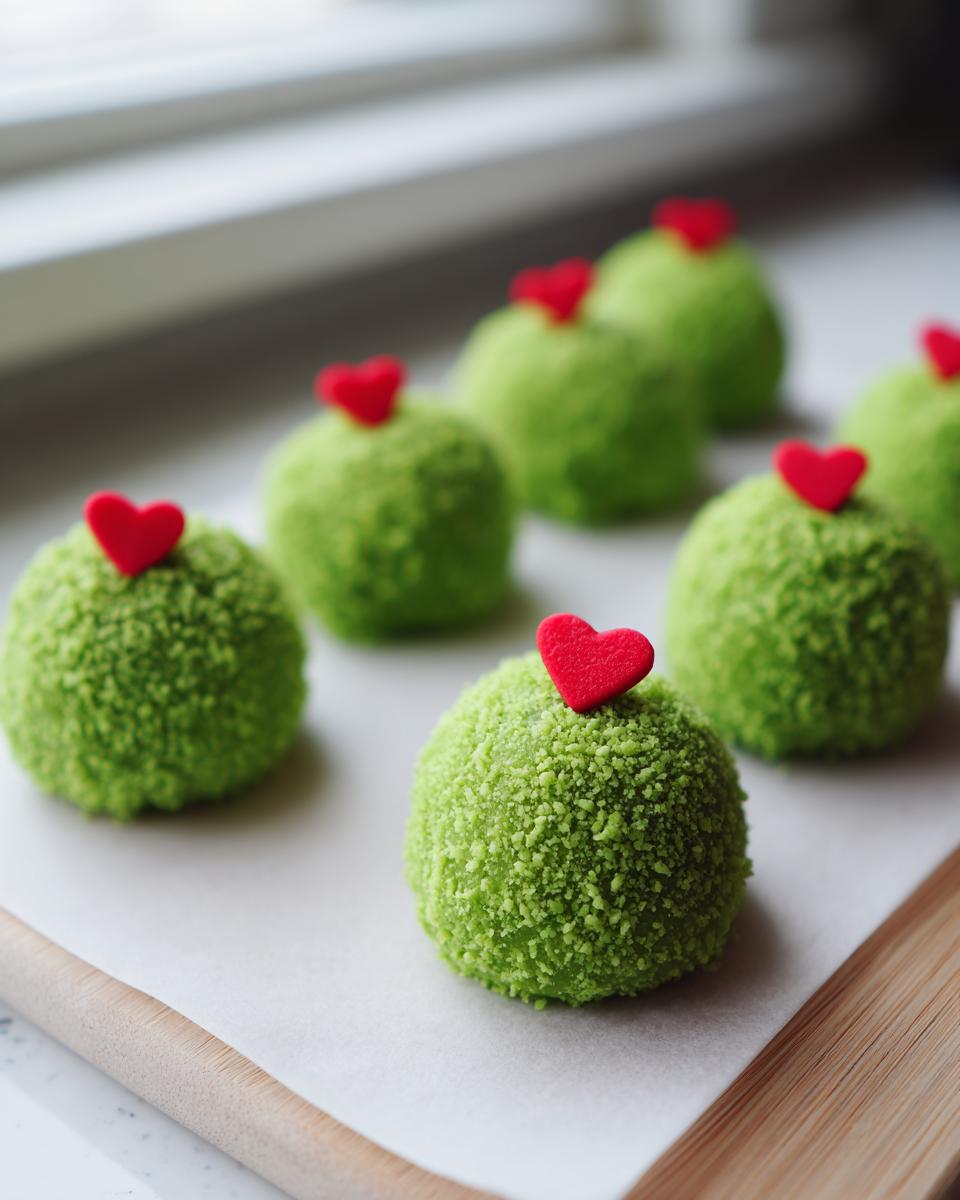 Several bright green Grinch Oreo balls coated in crumbs and topped with small red hearts, resting on parchment paper.
