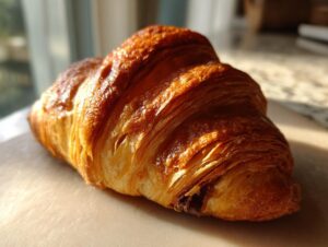 Close-up of a perfectly baked, flaky chocolate croissant with a rich golden-brown crust.