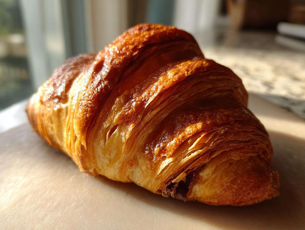 Close-up of a perfectly baked, flaky chocolate croissant with a rich golden-brown crust.