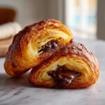 Close-up of a flaky, golden brown chocolate croissant cut in half, revealing melted dark chocolate filling.